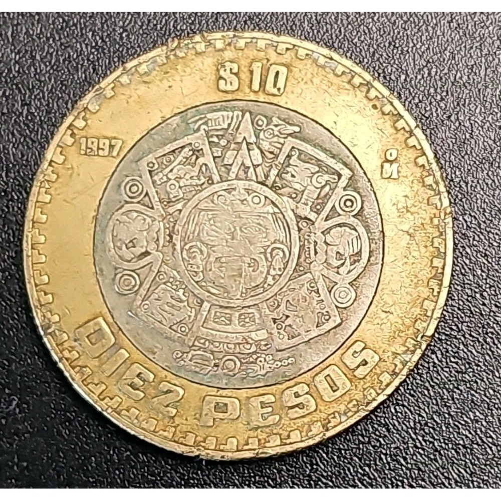 1997 Mexico 10 Pesos Bimetal Coin Rare Uncirculated World Currency